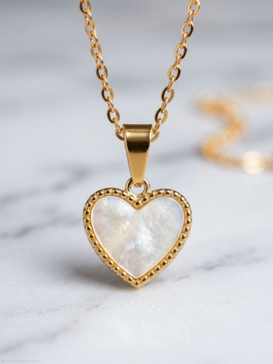Collier Pendentif Cœur en Nacre et Finition Dorée – Élégance Intemporelle