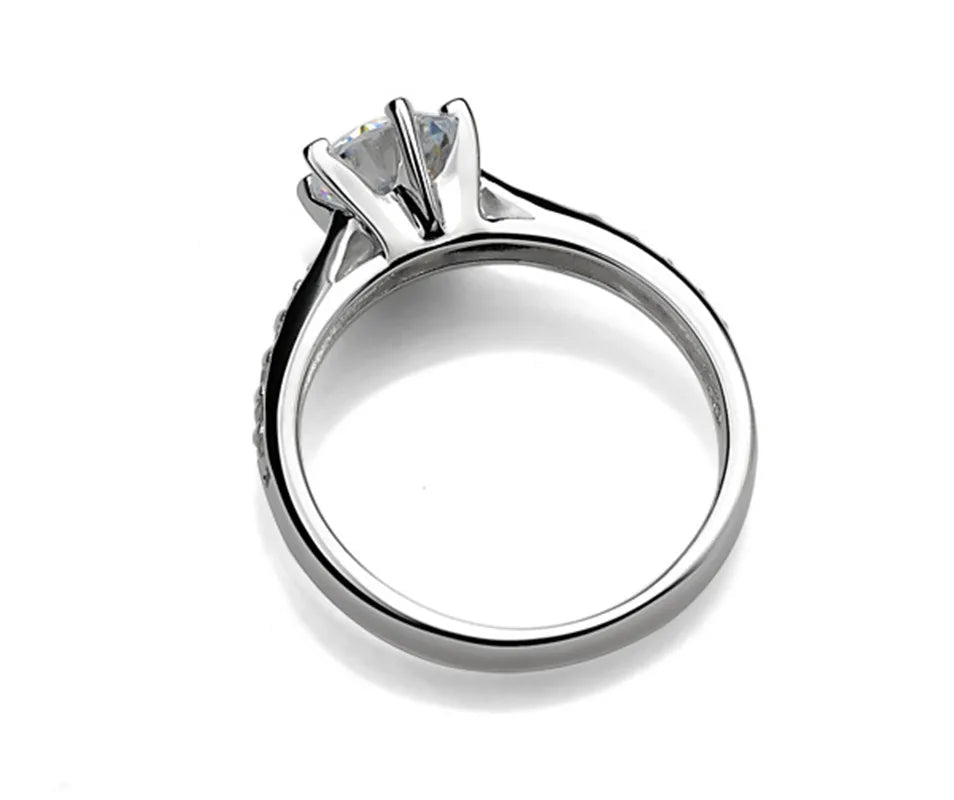 Bague classique de luxe pour femme en argent sterling 925, sertie d'une imitation diamant à six griffes. - A.F.V. Sud