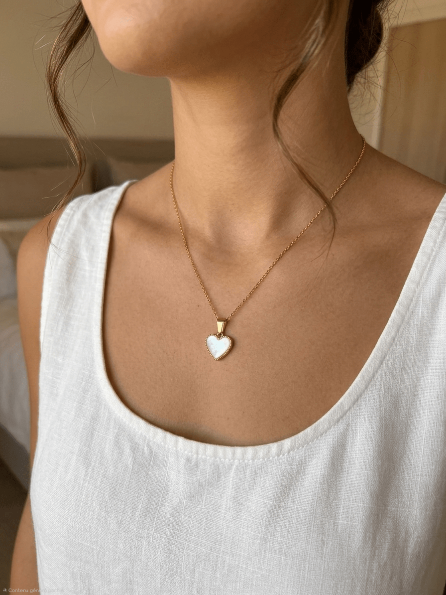 Collier Pendentif Cœur en Nacre et Finition Dorée – Élégance Intemporelle A.F.V. Sud